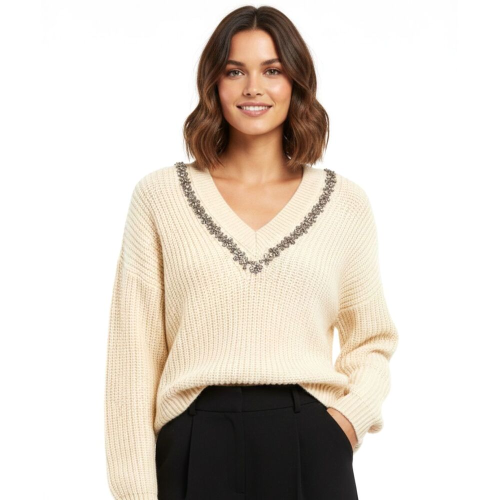 Cinq A Sept Size Small Tous Les Jours Sweater Cream Crystal Embellished Neckline